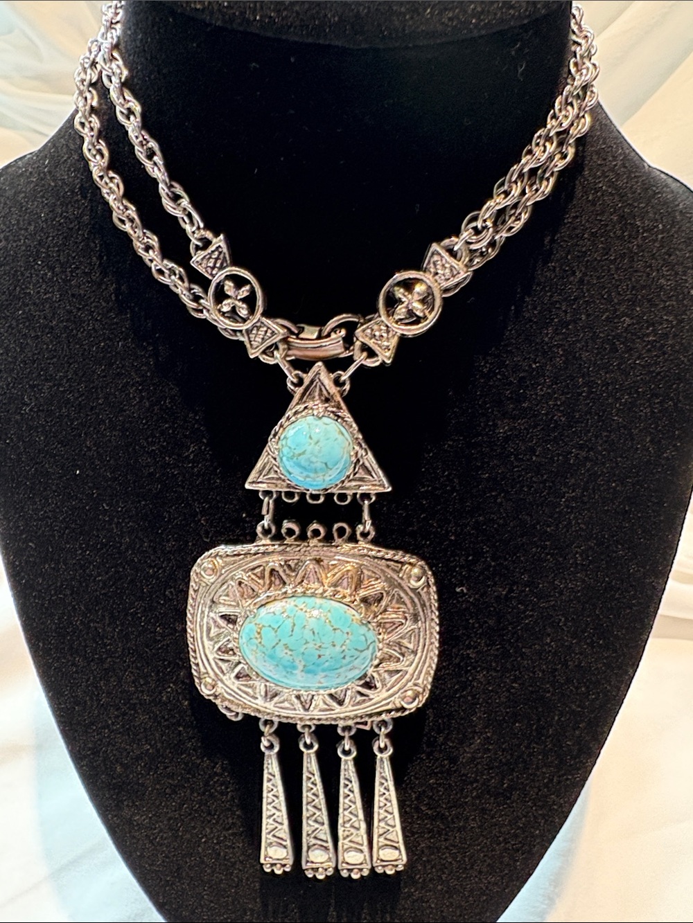 Turquoise Stone Pendant Necklace - Silver-Tone Statement Necklace